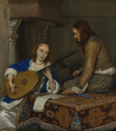 Eine Frau spielt die Theorbo-Laute und ein Kavalier von Gerard Terborch II