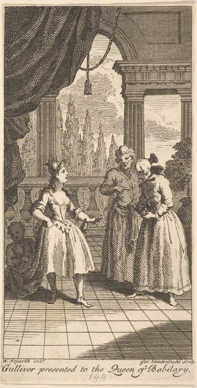 Gulliver wird der Königin von Babilary vorgestellt, Frontispiz zu The Travels of Mr., Februar 1730 von Gerard Vandergucht