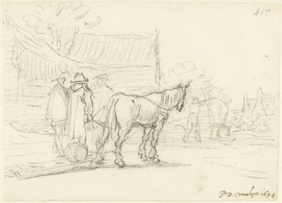 Drei Männer neben einem Pferd und Schlitten von Gerard ter Borch (II)