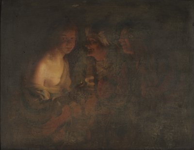 Junge Frau mit einem Kerzenhalter, alte Frau und ein Geigenspieler von Gerard van Honthorst