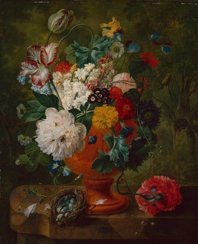Sommerblumen in einer Urne mit einem Vogelnest auf einem Marmorsims von Gerard van Spaendonck