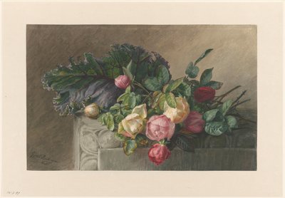 Stillleben mit Rosen und Kohlblatt von Gerardina Jacoba van de Sande Bakhuyzen