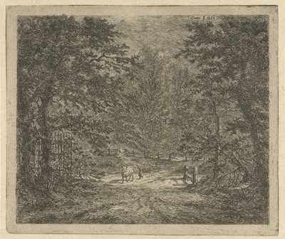 Hirtin mit Kuh im Wald von Gerardus Emaus de Micault
