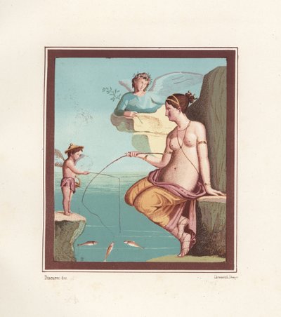 Wandgemälde von Venus und Amor beim Angeln mit Ruten aus dem Meer, gefunden in Regio VI.XIV.28, der Taberna Lusoria, Chromolithographie von Victor Steeger nach einer Illustration von Geremia Discanno aus Emile Presuhn 