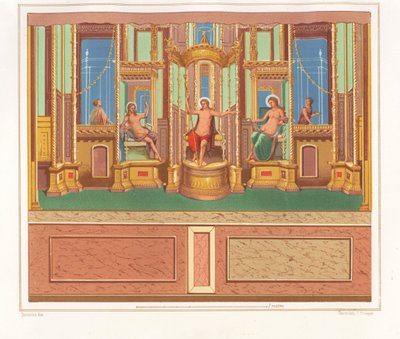 Wandmalerei, die Bacchus, Venus und Apollo zeigt, aus einem abgelegenen Sitzbereich in einer Ecke eines Gartens im Domus M. Herenulli Communis oder Haus des Apollo, Reg. VI, Ins. VII, Nr. 23. Chromolithografie von Victor Steeger nach einer Illustration von von Geremia Discanno