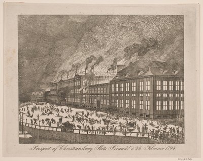 Ansicht des Brandes von Schloss Christiansborg am 26. Februar 1794 von Gerhard Ludvig Lahde