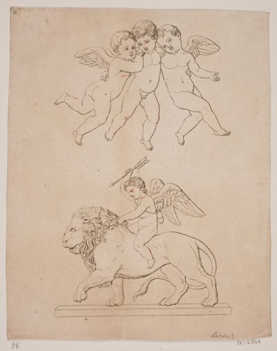 Tafel mit drei Amoren und darunter Amor auf einem Löwen von Gerhard Ludvig Lahde