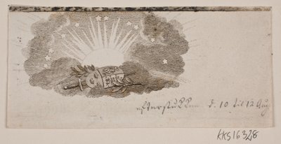 Vignette mit den Wappen der drei nordischen Reiche in Wolken vor der Sonne von Gerhard Ludvig Lahde