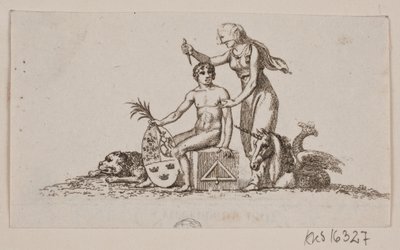Vignette mit Frau, sitzendem jungen Mann und Einhorn von Gerhard Ludvig Lahde