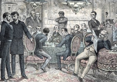 Gesellschaft und soziales Leben: Männerclub für Spiele und Glücksspiel. Gravur aus „Les besoins de la vie“ von Rengade von Gerlier Gerlier
