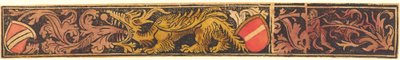 Grotesker Streifen mit Drache, Schilden und wilden Männern von German 15th Century