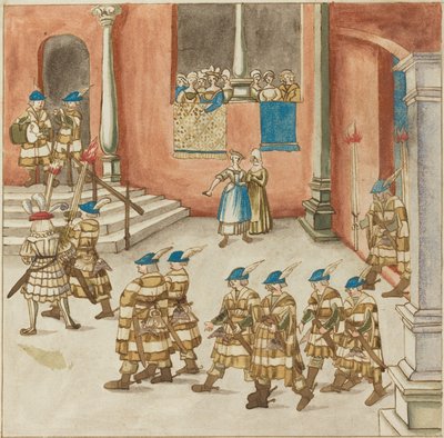 Ritterprozession, von Damen auf einem Balkon betrachtet von German 16th Century