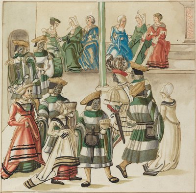 Drei tanzende Paare, angeführt von zwei Rittern in einem Raum mit Säule von German 16th Century
