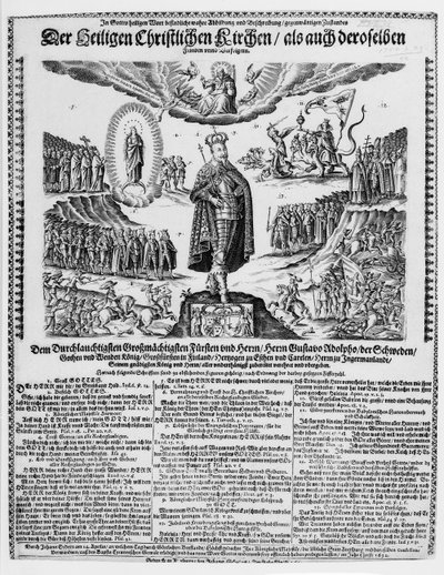 Ein deutsches Flugblatt, das Gustavus Adolphus als Champion der protestantischen Sache darstellt von German School