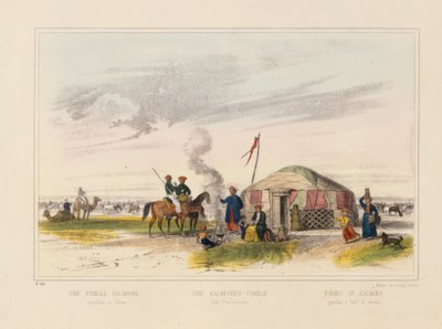 Eine Kalmücken (Westmongolische) Familie hütet Pferde, illustriertes Flugblatt veröffentlicht von Joseph Scholz, Mainz, ca. 1860 von German School