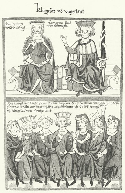 Eine Darstellung des Sängerkriegs, ein Wettstreit zwischen Minnesängern auf der Wartburg in Thüringen im Jahr 1207, aus dem Codex Manesse (Stich) von German School