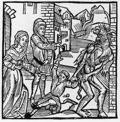 Ein Teufel nimmt ein Kind vor den Augen seiner Eltern, die es durch einen Pakt versprochen hatten - In „Der Ritter von Turn“ von Ritter Marquard vom Stein von German School