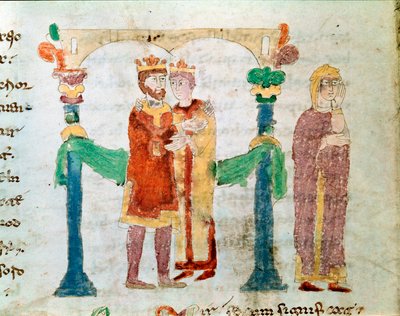 Eine Miniaturhochzeit aus dem Manuskript De Universo oder De rerum naturis von Rabanus Maurus Magnentius. Archiv der Abtei Monte Cassino von German School