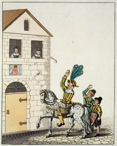 Ein Rundtanz auf dem Hauptplatz der Stadt, aus Alte Nürnberger Bräuche und Possenreiter auf einem Scheckenpferd, Eier werfend, aus Alte Nürnberger Bräuche und Spiele und Lieder, neu veröffentlicht 1831 von German School