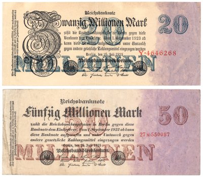 Eine Zwanzig- und Fünfzig-Millionen-Mark-Banknoten, 1923 von German School