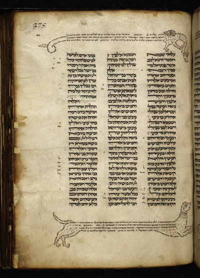 Add. 21160, f.188, Mikrografie von zwei Hunden, die ein Reh jagen, Baum mit Vögeln und einem Drachen, bei Numeri (Kap. 2-3) von German School