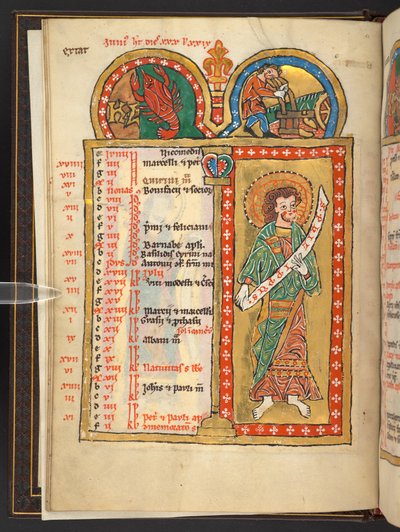 Juni, aus 12 Kalenderseiten in Gold und Farben, mit architektonischen Rahmen, die jeweils ein Sternzeichen, einen Apostel und eine Arbeit des Monats enthalten (Pergament) von German School