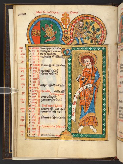 Oktober. 12 Kalenderseiten in Gold und Farben, mit architektonischen Rahmen, die jeweils ein Sternzeichen, einen Apostel und eine Arbeit des Monats enthalten. Psalter. Illuminiertes Psalter mit einem Kalender, Cantica und Litaneien für den Gebrauch von Non von German School