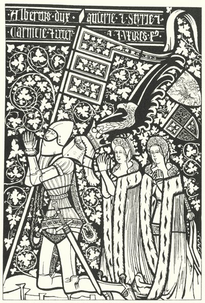 Albert III., Herzog von Österreich, mit seinen beiden Ehefrauen, Elisabeth von Böhmen und Beatrice von Nürnberg (Gravur) von German School