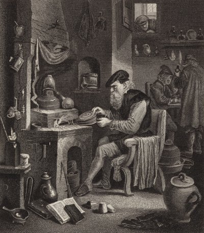 Alchemist bei der Arbeit. Illustration für Bilder-Atlas (Gravur) von German School