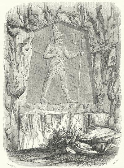 Altägyptisches Relief, das den Pharao Sesostris oder Ramses II. darstellt von German School