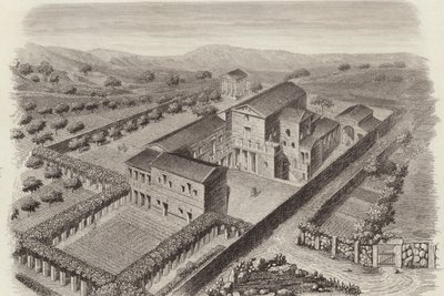 Antikes griechisches Landhaus in Al-Barah, Syrien. Illustration für Bilder-Atlas (Gravur) von German School