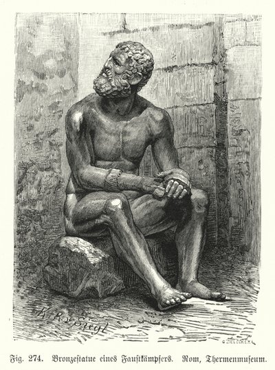 Antike griechische oder römische Bronzestatue eines sitzenden Boxers (Gravur) von German School