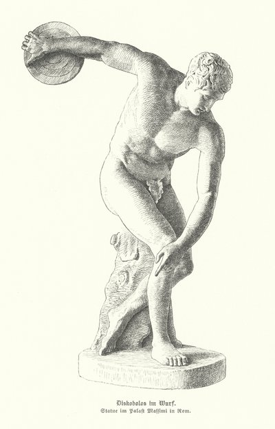 Antike griechische Statue eines Diskuswerfers beim Wurf von German School