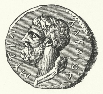 Antike Münze mit dem Kopf des griechischen Dichters Alkäus von Mytilene von German School