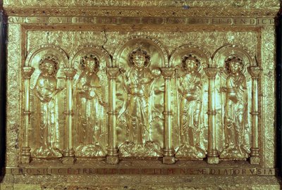 Antependium mit Christus und den Stiftern zu seinen Füßen zwischen den Erzengeln Gabriel, Raphael und Michael und St. Benedikt von German School