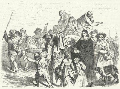 Ankunft französischer Hugenotten in Brandenburg nach dem Edikt von Potsdam von Friedrich Wilhelm im Jahr 1685 (Stich) von German School