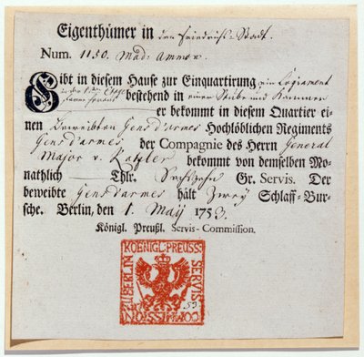 Einquartierungsschein, 1759 von German School