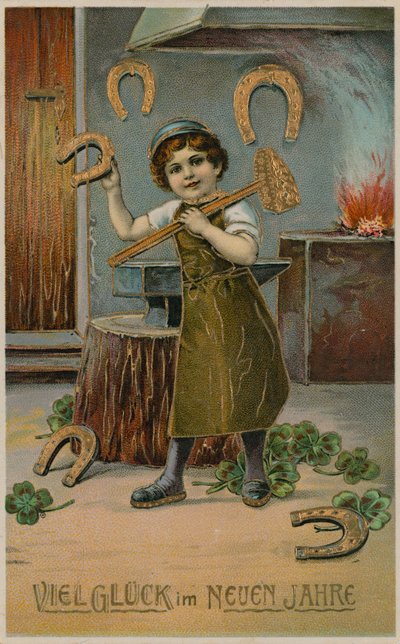 Junge Schmied macht goldene Hufeisen für Neujahrsglück. Postkarte gesendet am 31. Dezember 1913. von German School