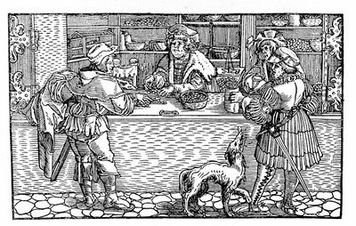 Wechselstube und Tauschhandel. Deutsche Xylographie des 16. Jahrhunderts von German School