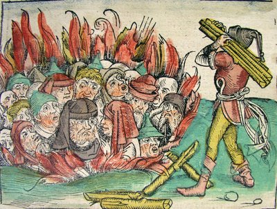Verbrennung der Juden, veröffentlicht in der Nürnberger Chronik, 1493 von German School