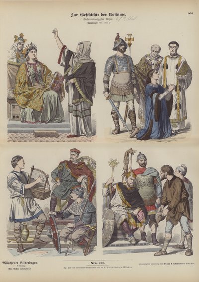 Karolingische fränkische Kostüme, 8. Jahrhundert (farbiger Stich) von German School