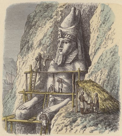 Schnitzen einer Statue eines altägyptischen Pharaos aus einem Felsen von German School