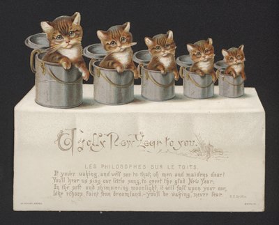 Katzen in Eimern, Neujahrskarte (Chromolithographie) von German School