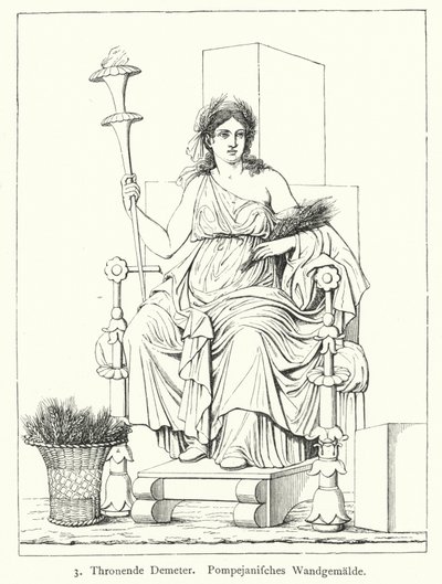 Ceres, römische Göttin der Ernte, auf dem Thron, Wandmalerei aus Pompeji von German School
