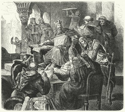 Karl der Große berät sich mit Gelehrten und Klerikern (Gravur) von German School