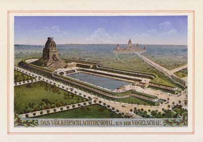 Das Völkerschlachtdenkmal aus der Vogelschau (Farblithografie) von German School