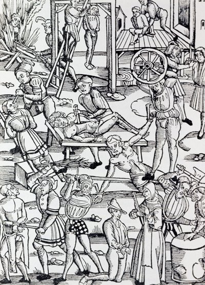Verschiedene Formen der Bestrafung in Deutschland im Jahr 1500 für verschiedene Verbrechen, Gravur, Deutschland von German School