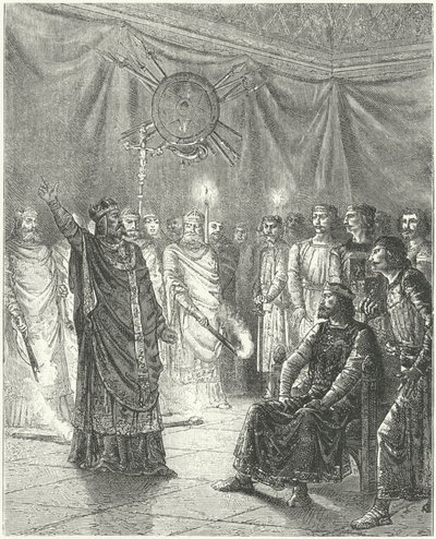 Edmund Rich, Erzbischof von Canterbury, droht König Heinrich III. mit Exkommunikation von German School