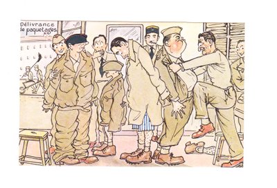 Edwardianische humorvolle Postkarte von neuen Rekruten, die an einer Armeestation untersucht werden, um 1910 von German School