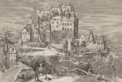Burg Eltz, in den Hügeln über dem Moseltal, Deutschland, wie sie Ende des 16. Jahrhunderts aussah (Lithografie) von German School